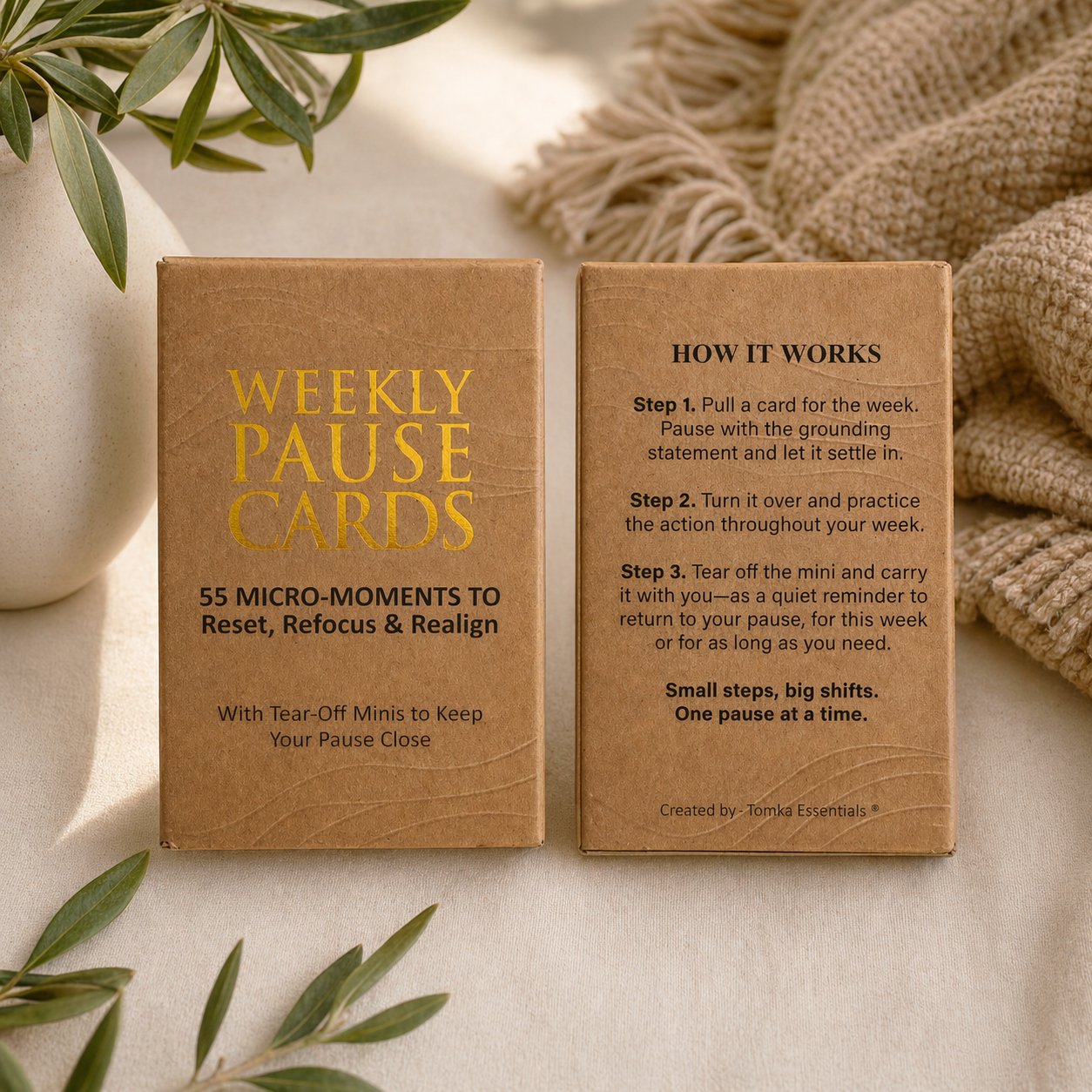 The back of the Weekly Pause Cards box, printed with the How It Works instructions