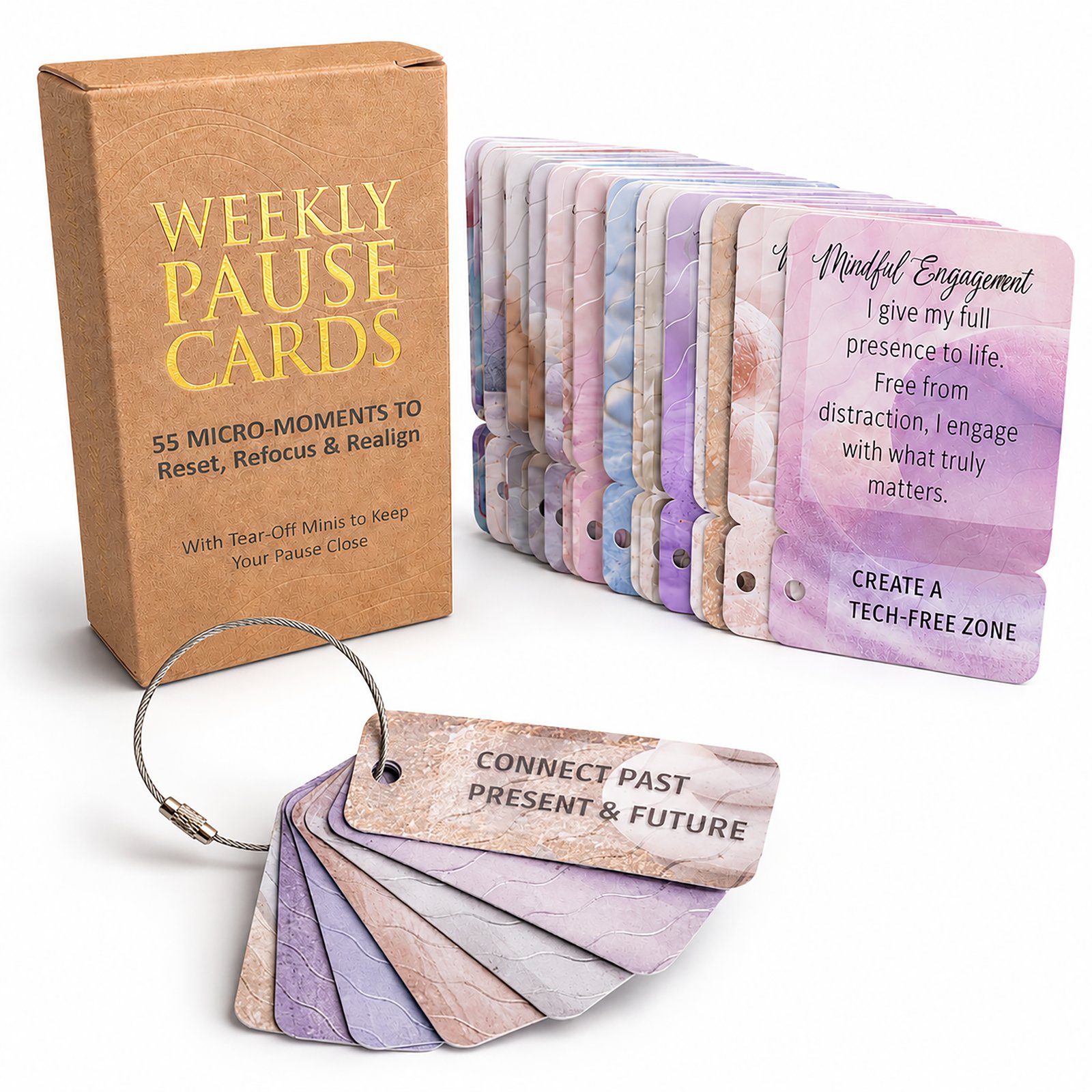 Weekly Pause Cards box and fanned affirmation deck with soft shadow