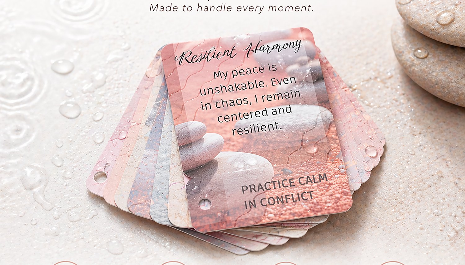 Weekly Pause Cards affirmation cards fanned on a wet stone surface, showing waterproof cards