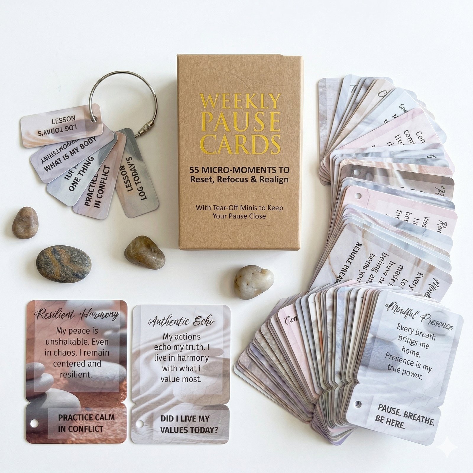 Weekly Pause Cards affirmation deck flat lay with stones, cards, and tear-off tags