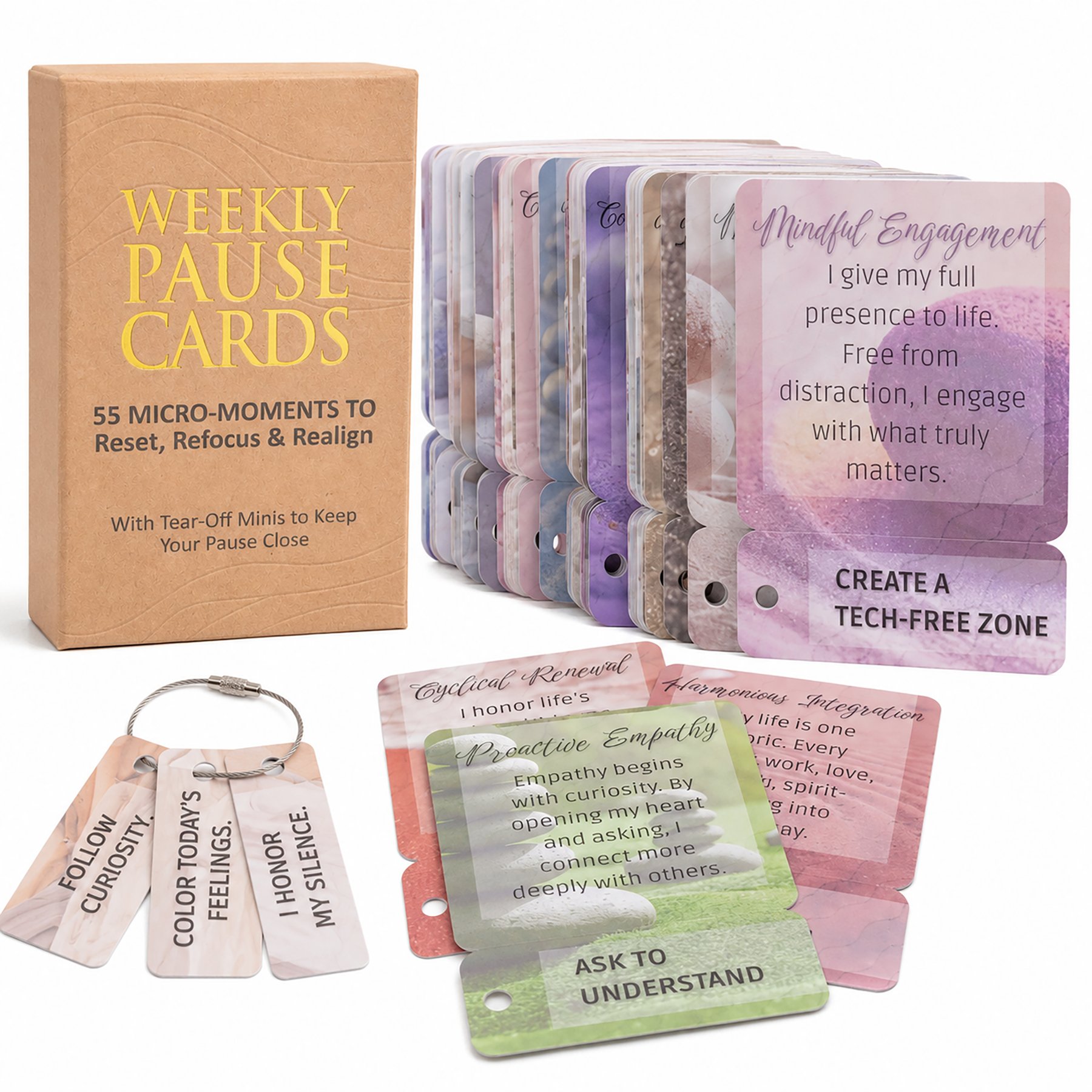 Weekly Pause Cards affirmation deck: kraft box with a fanned set of 55 cards and tear-off keychain minis