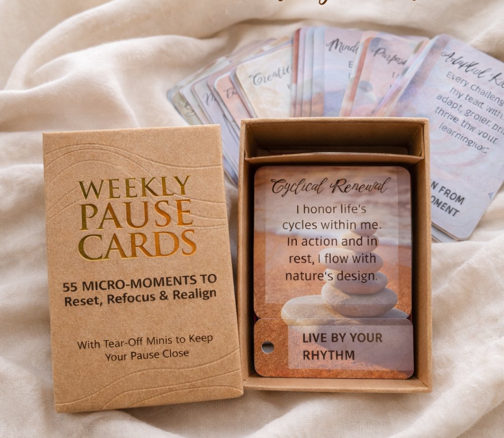 Weekly Pause Cards box open, showing the affirmation card deck and a Cyclical Renewal card