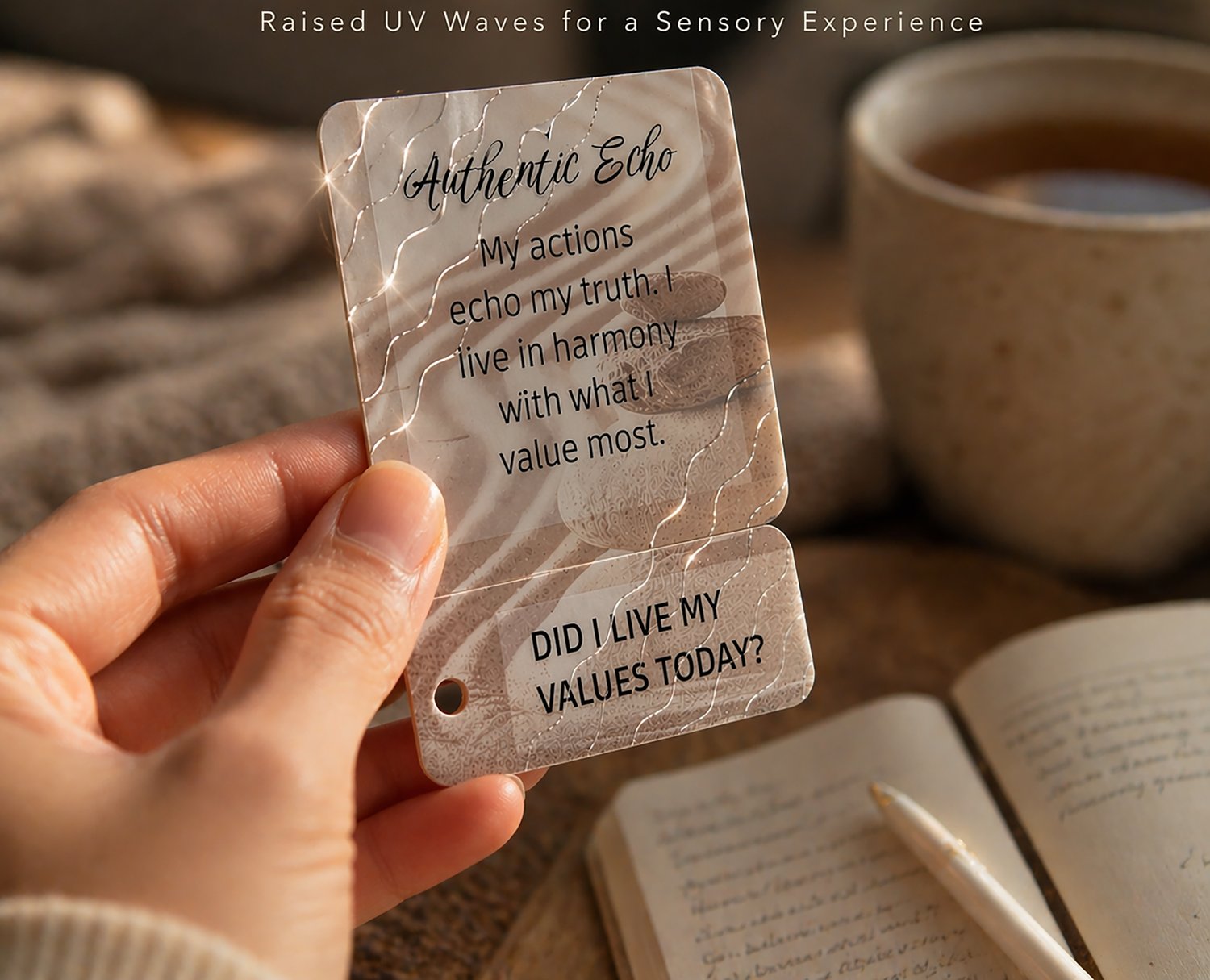 Hand holding an Authentic Echo affirmation card, showing the raised UV wave texture